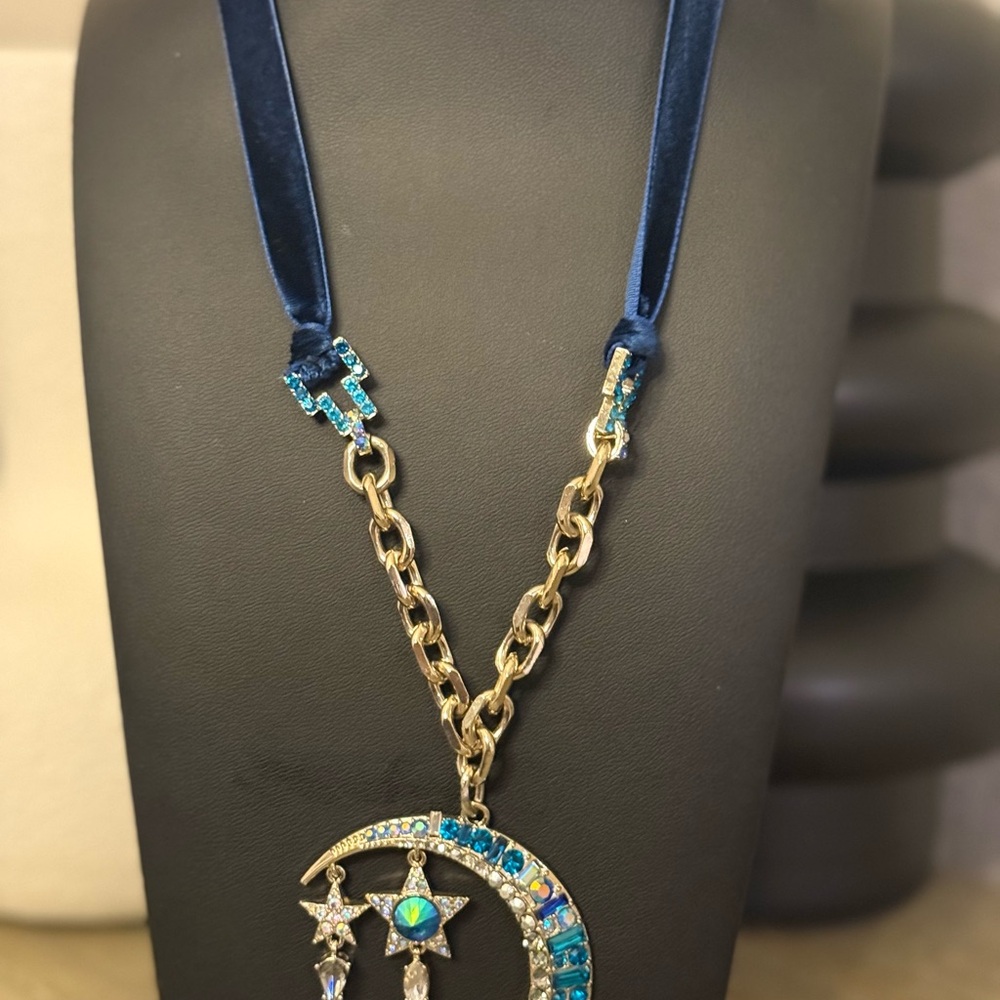 Betsey Johnson Celestial Moon Gold and Blue Star Pendant Velvet Necklace